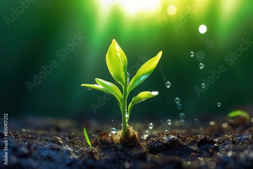 young plant with drop of water in sunlight, Generative AI