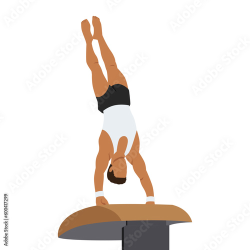 A gymnast with an athletic physique performs a vault, athlete springs onto a vault with his hands. Vector flat design illustration. Individual all around preflight competition scene. Flat vector
