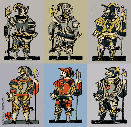 Medieval knight in armor. Set of vector illustrations in vintage style.