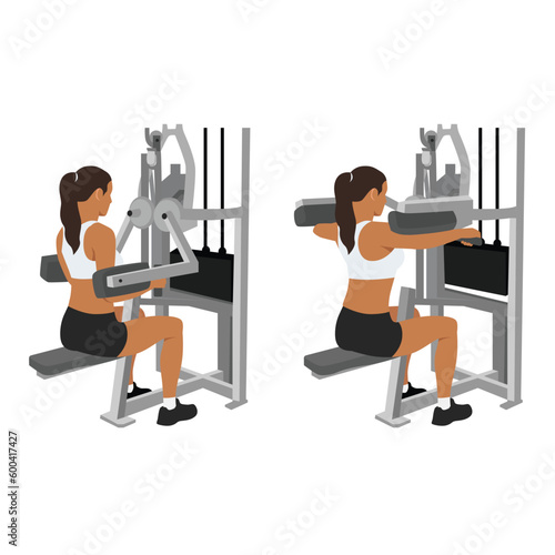 Woman doing Seated Lateral raise machine. Power partials exercise. Flat vector illustration isolated on white background