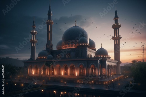 An impressive mosque design for the Ramadan celebration. Generative AI