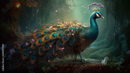 Small charming flower peacock in an enchanted forest, in the style of a magical animal, fantasy art.