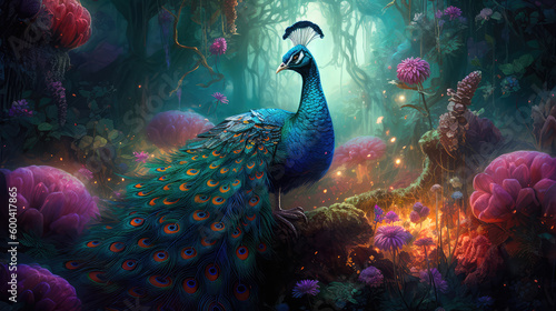 Small charming flower peacock in an enchanted forest, in the style of a magical animal, fantasy art.
