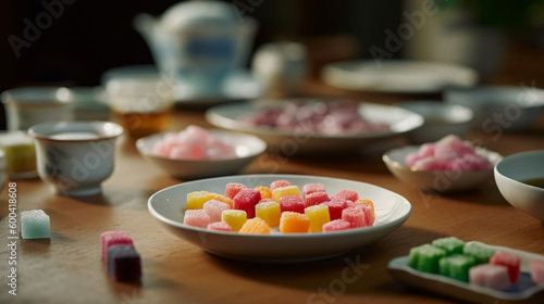 Higashi - small, dry, colorful sweets often served with tea. Generative AI Art Illustration