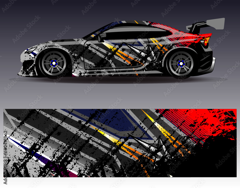 Car wrap design vector. Graphic abstract stripe racing background kit designs for wrap vehicle race car rally adventure and livery Car wrap design vector. Graphic abstract stripe racing background kit designs for wrap vehicle race car rally adventure and livery