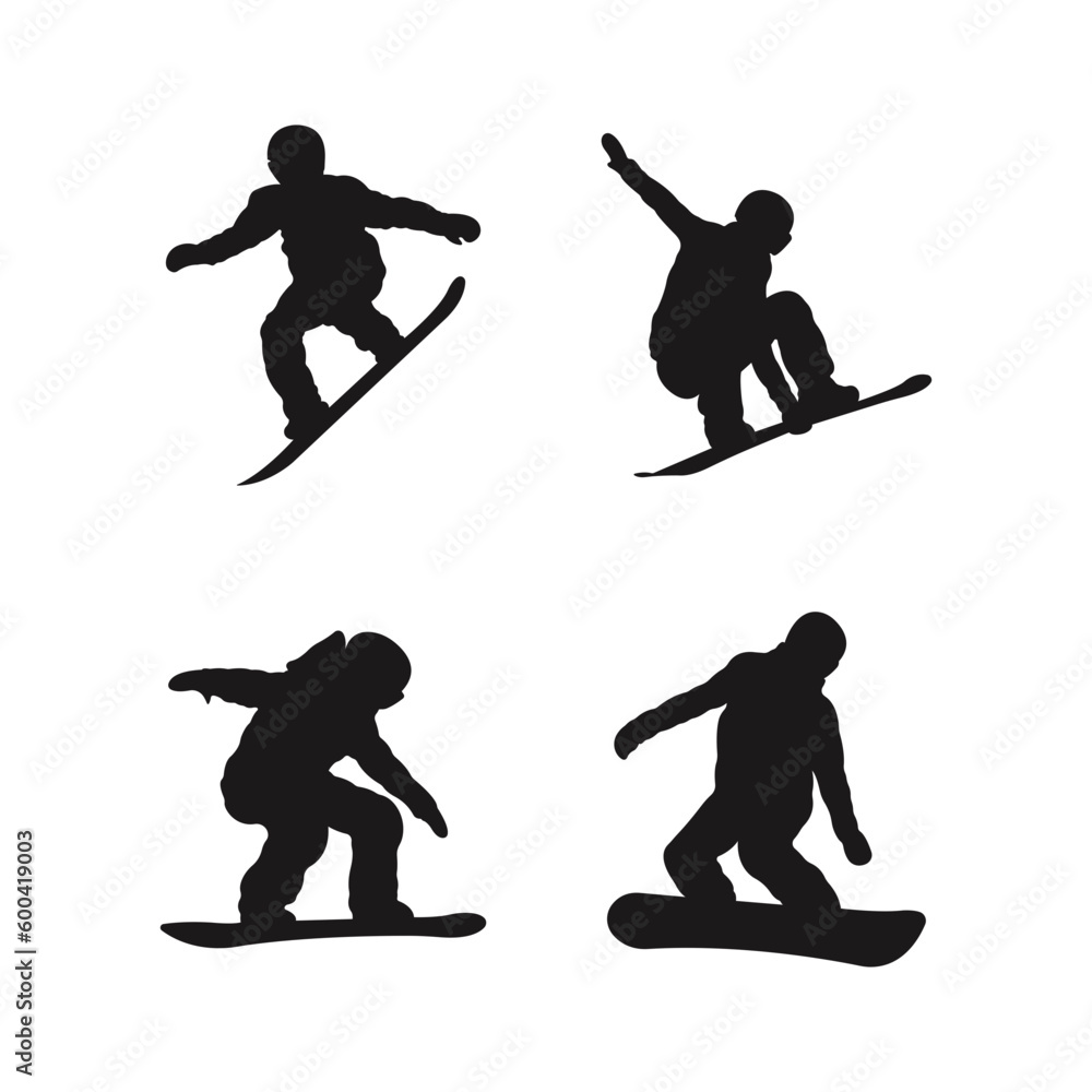 Snowboard Man Silhouette set. The snowboarder man doing a trick Carving.