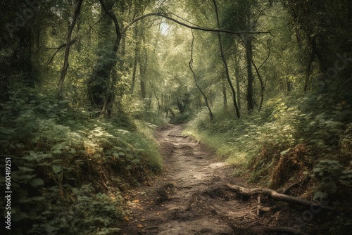 Trail through woodland. Generative AI