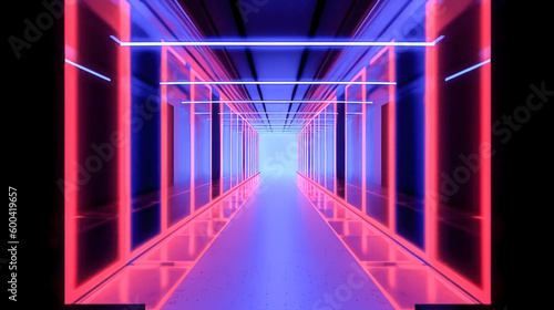 A corridor tunnel illuminated in red, blue and neon light was generated - generative ai.