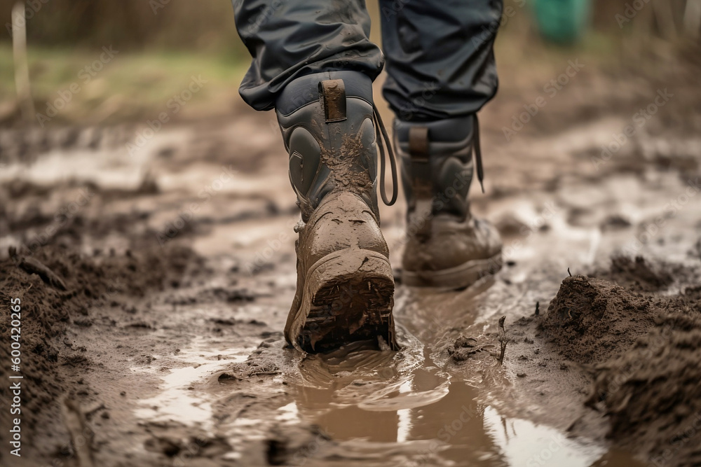 Person in dirty hiking boots walking through mud. Generative AI Person in dirty hiking boots walking through mud. Generative AI
