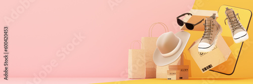 online shopping concept on the stand for product presentation surrounded by shopping bags and boxes and smartphone, sneakers, hats and sunglasses for men on a pastel yellow background. 3d rendering
