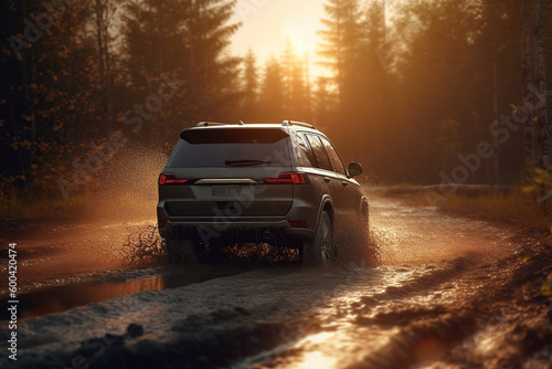 A black SUV car at speed driving into a puddle with mud on a woodland  road on sunset  ai generative