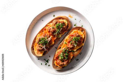 Molletes On A White Plate. On An Isolated Transparent Background, Png. Generative AI photo