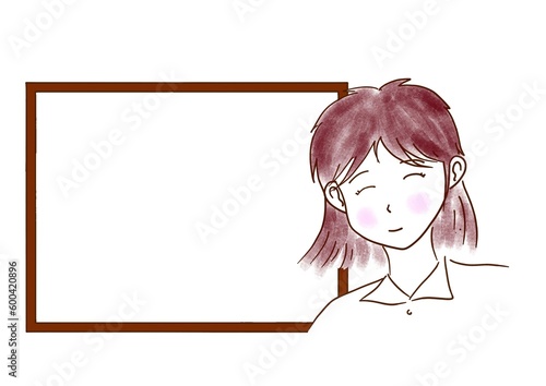 ホワイトボードと笑顔の若い女性のイラスト