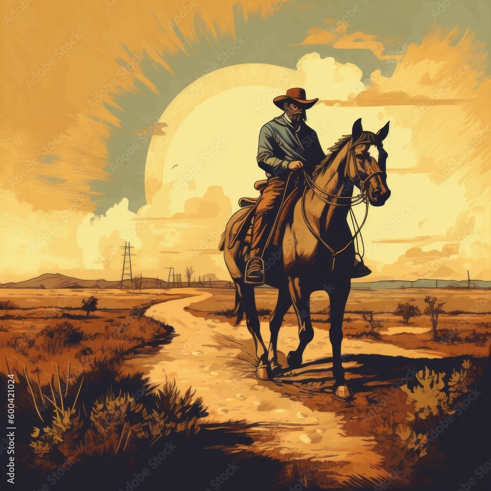 Man riding the horse, cowboy. Beautiful illustration picture. Generative AI
