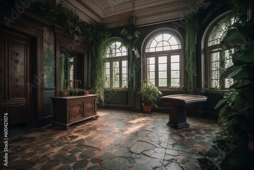 Transitional room in an old building with a rubber plant. Generative AI
