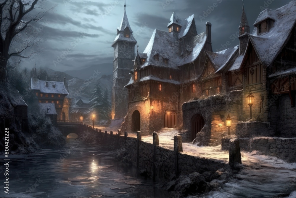 Obraz premium Winter season. Medieval fantasy village, gothic architecture. Beautiful illustration picture. Generative AI