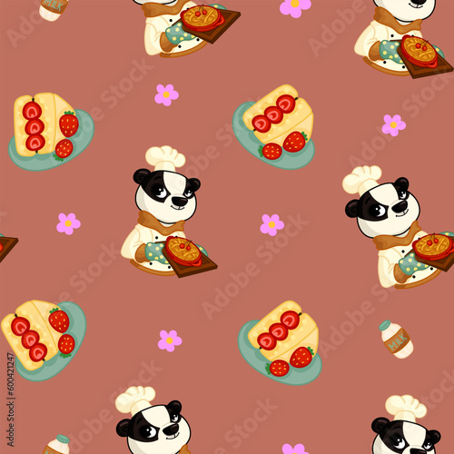 Vector seamless pattern with sweets, pastries and berries. Cakes and biscuits on coasters, cookies with crumbs, croissants, chocolate muffins hand drawn seamless background