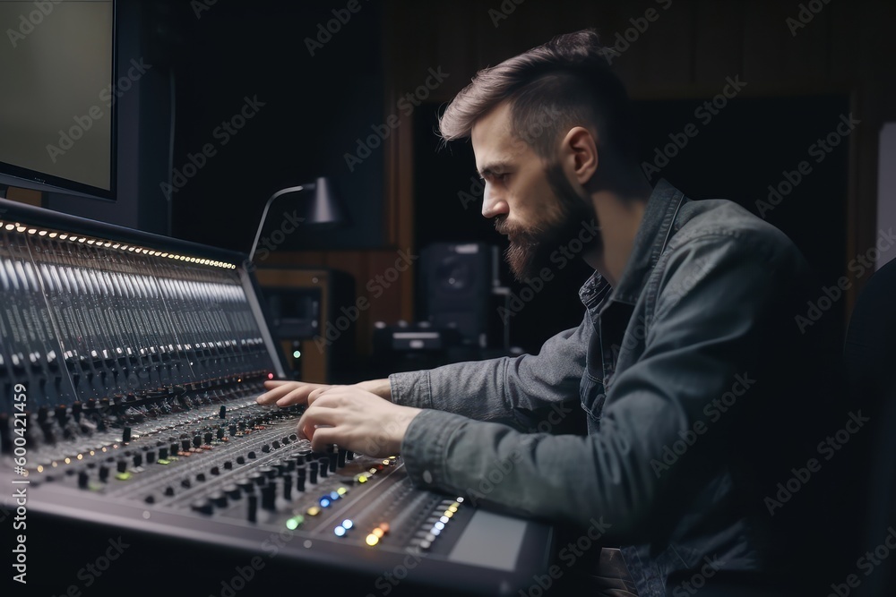 Mixing engineer working in the recording studio. Beautiful illustration picture. Generative AI Mixing engineer working in the recording studio. Beautiful illustration picture. Generative AI