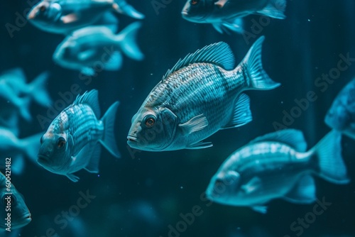 Group of fish in blue water. Generative AI