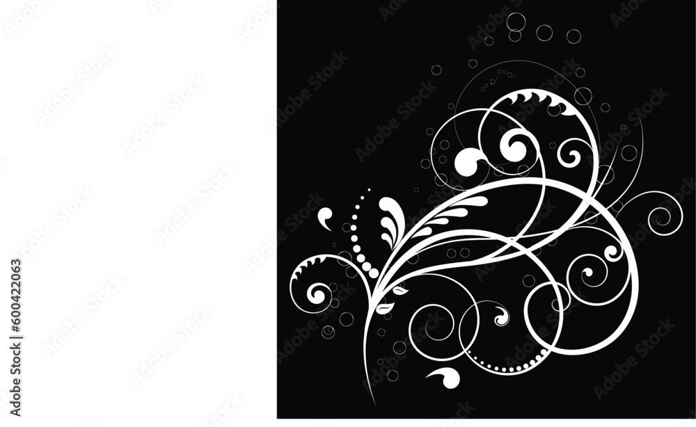 A black and white image of a floral design with a swirly design.