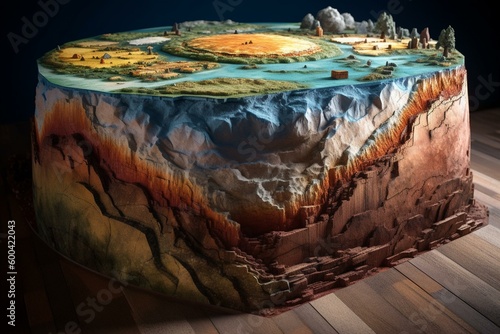 A 3D cutaway of Earth with geological layers, mountains, ocean floor, and subsurface layers. Copy space available. Generative AI photo