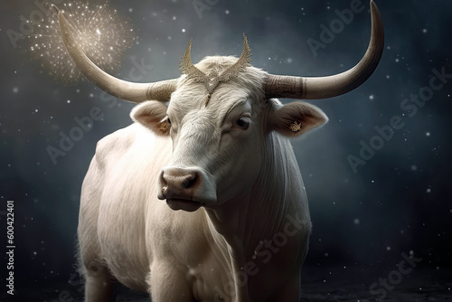 Bull With Halo And Wings, Dressed Up As Christmas Angel. Generative AI