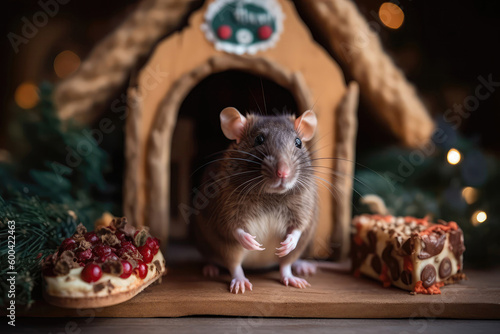 Rat Standing In Front Of Christmas Wreath, Holding Gingerbread House. Generative AI
