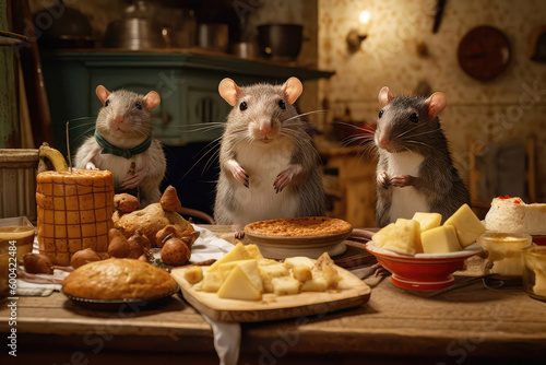 Rat Family Gathered Around Christmas Dinner Table, With Festive Foods. Generative AI © Anastasiia