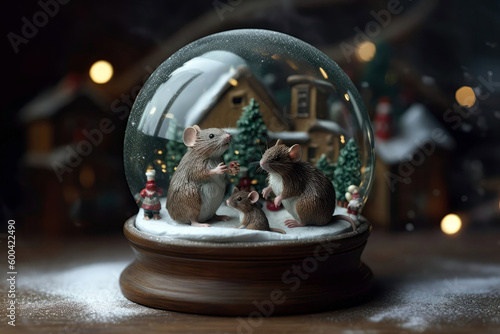 Rat Holding Snow Globe With Christmas Scene Inside, Including Miniature Rat Family. Generative AI photo