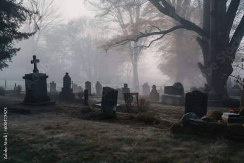 A cemetery with tombstones and trees in the fog. AI generative Halloween background.