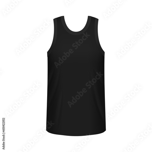 Realistic black male singlet mockup front view. Isolated vector 3d template of athletic wear, fitness apparel, sportswear brand with round neck and wide straps photo