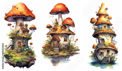 Watercolour fantasy Boletus Toadstool mushroom house. Greeting cards and envelopes artwork project set 4.