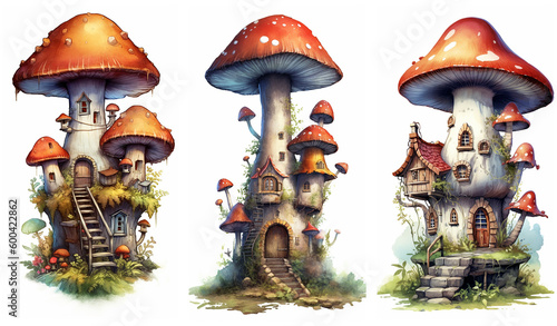 Watercolour fantasy Boletus Toadstool mushroom house. Greeting cards and envelopes artwork project set 3.