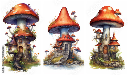 Watercolour fantasy Boletus Toadstool mushroom house. Greeting cards and envelopes artwork project set 1.