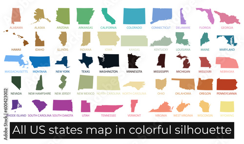 Colorful Vector Silhouette Map of All 50 States in the USA
