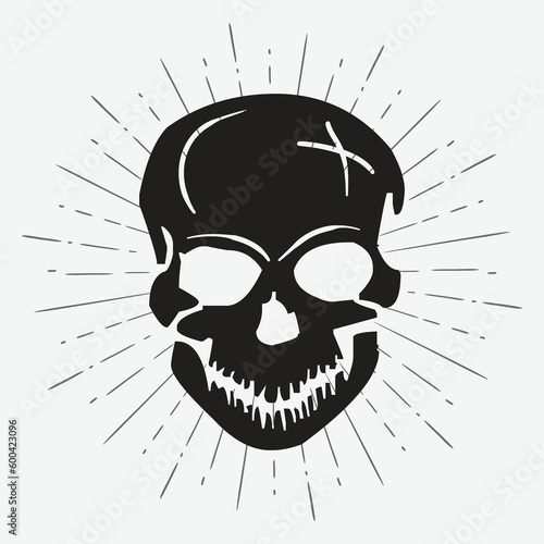 skull illustration vector design on sunburst background