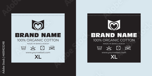 A Visionary Approach to Clothing Neck Label Tag Design with Logo and Laundry Symbols.