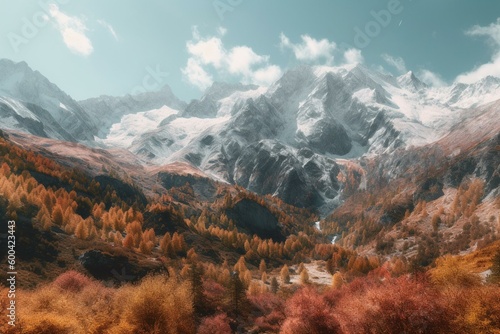 Autumn's watercolor mountain with snowy peaks in panoramic view. Generative AI © Sawyer