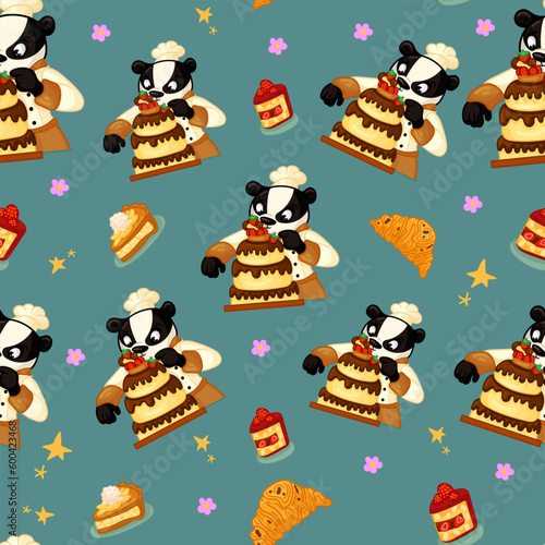 Vector seamless pattern with sweets, pastries and berries. Cakes and biscuits on coasters, cookies with crumbs, croissants, chocolate muffins hand drawn seamless background