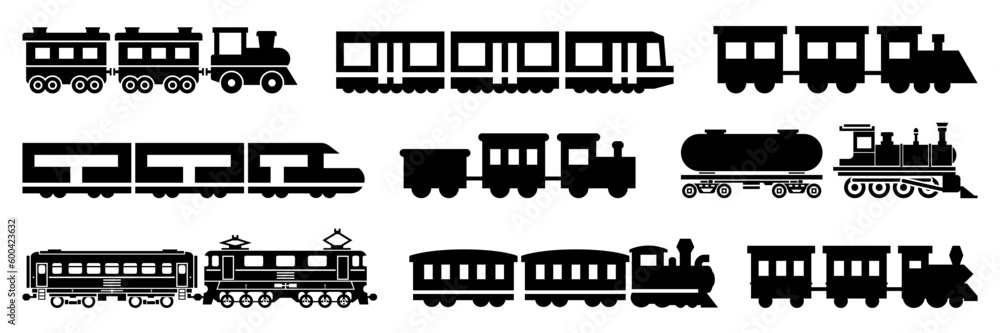 Freight train with locomotive, passenger train icons collection. Black silhouette of freight trains collection. Set of railway transport - obrazy, fototapety, plakaty 