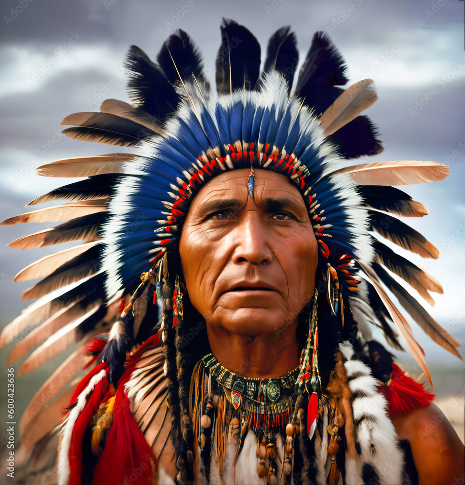Portrait of a Native American Chief Wearing a Feather Headdress.