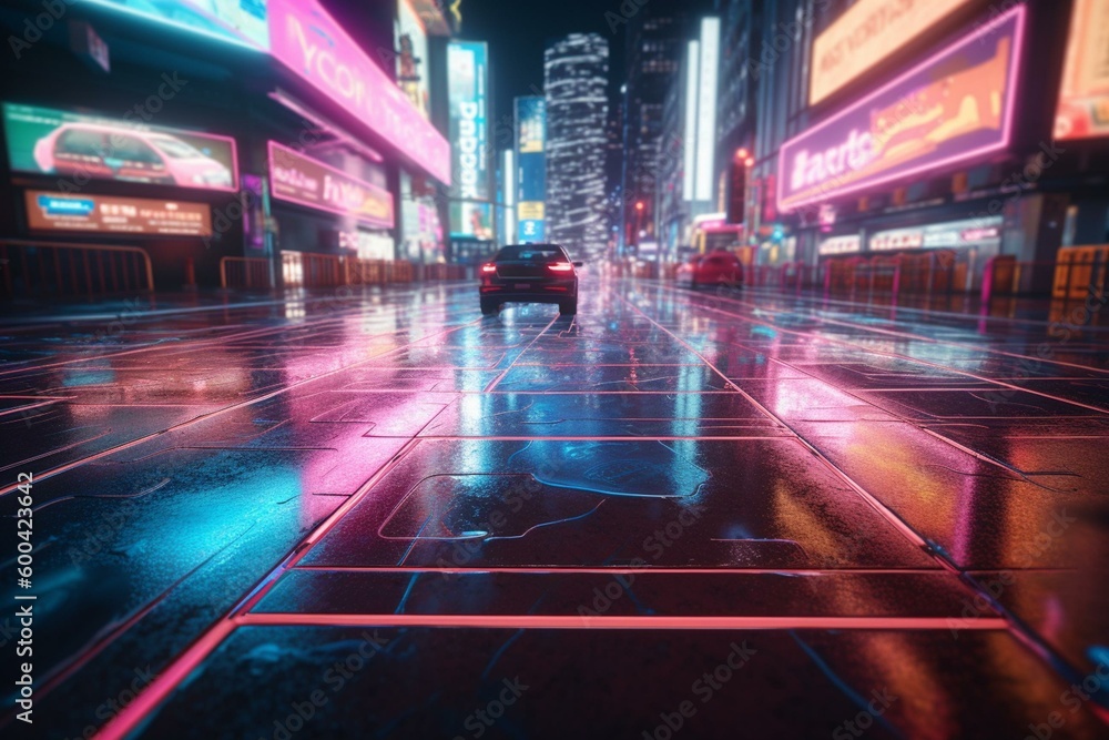 Moist pavement and neon backdrop utilizing technology. Generative AI