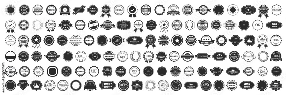 Big set of black premium quality badges. Premium quality, guaranteed, certified sticker tag collection - obrazy, fototapety, plakaty 