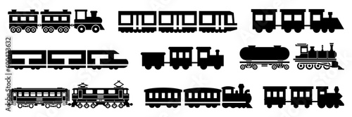 Freight train with locomotive, passenger train icons collection. Black silhouette of freight trains collection. Set of railway transport photo