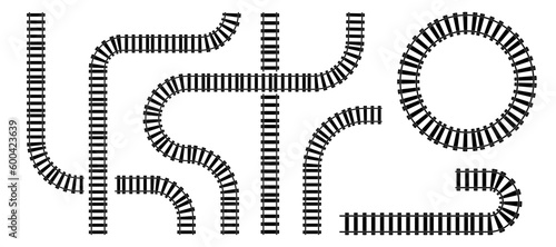 Set of railroad tracks. Straight, wavy and curved rails railway collection. Top view rails
