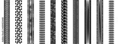 Set of black wheel tire imprint. Grunge vehicle print collection