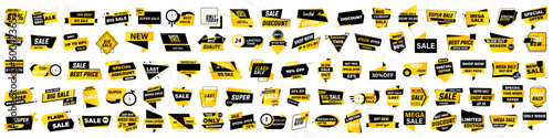 Big set of black and orange promotion badges. Sale, discount, special offer, best price sticker tag collection. Set of shopping banner
