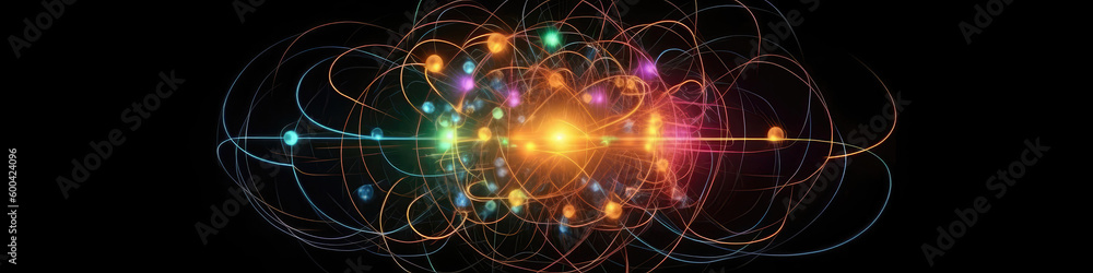Atomic Nucleus, Subatomic Particles, Quantum Mechanics Visualization. Panorama. Generative AI Atomic Nucleus, Subatomic Particles, Quantum Mechanics Visualization. Panorama. Generative AI