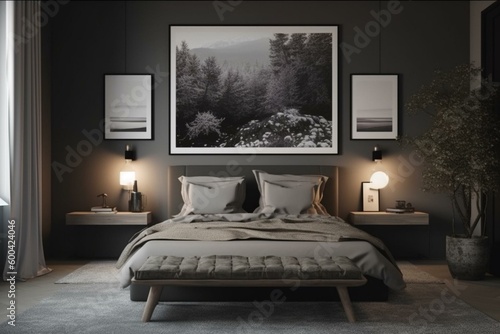 Contemporary well-lit bedroom with a mock-up picture frame for poster design. Generative AI
