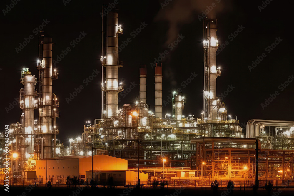 Gas Refinery With Flare Stacks, Industrial Operation. Generative AI Gas Refinery With Flare Stacks, Industrial Operation. Generative AI